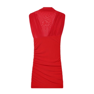 Robe Courte Femme Rouge avec Patchwork en Maille Sans Manches Froncé Sexy Bodycon Demi-col Haut Fête Soirée