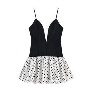 Polka dot deep V-neck patchwork dress with slim fit black bodice and open back design