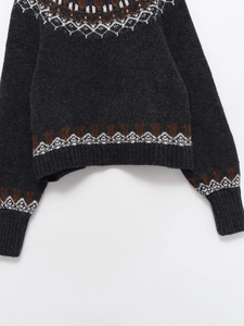 Chic dark grey knit sweater with fair isle pattern and wool-like texture for women