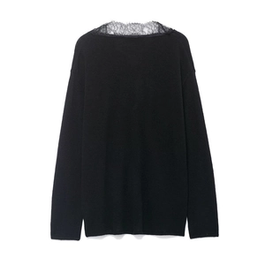 Detail of elegant black knit sweater featuring delicate lace stitching on the neckline