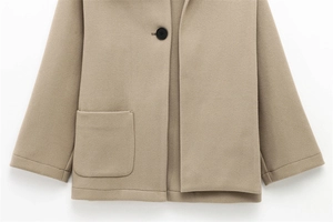 Detail of khaki wool coat showing single black button and large square patch pocket