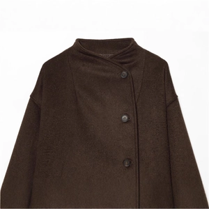 Women's minimalist loose dark brown wool blend jacket with asymmetrical button closure