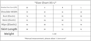 Detailed size chart for women's lace mini dress with measurements in centimeters