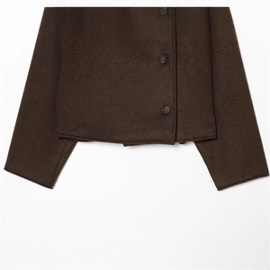 Chic women's loose dark coffee wool jacket with a unique side three-button closure