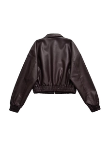 Oversized dark brown PU leather jacket with drop shoulders and elasticated hem and cuffs