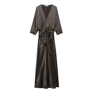Women's V-Neck Long Sleeve Satin Texture Maxi Dress With Tie Waist Elegant Solid Color Pleated Long Dress For Party Casual