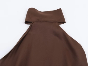 Detailed view of dark brown satin-texture halter neck and woven fabric neckline on top