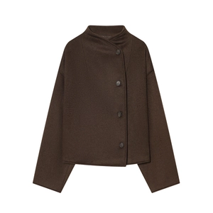 Women's dark brown wool-like jacket featuring a stand collar and four-button closure