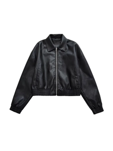 Women's vintage oversized black PU leather biker jacket with classic lapel and zipper
