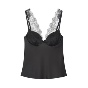 Canotta in Raso Nero da Donna con Patchwork in Pizzo Scollo a V Profondo Sexy Vestibilità Aderente Spalline Sottili Regolabili Streetwear