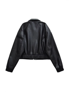 Back view of a black oversized PU leather biker jacket with lapel and elastic hem
