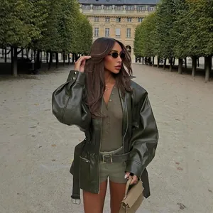 Women Olive Green Faux Leather Jacket Fashion Belted Waist Cinched Motorcycle Style Lapel Zipper Autumn Winter Outerwear