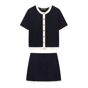 French Style Navy Blue Contrast Trim Knit Cardigan And Mini Skirt For Women Elegant Round Neck Short Sleeve Top And Skirt