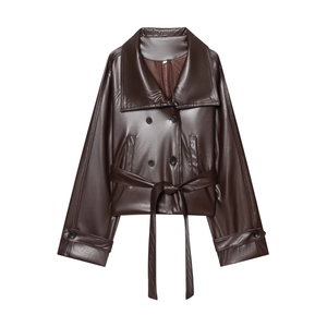 Women's Casual Faux Leather Short Jacket Double Breasted Lapel Windbreaker With Belt Loose Fit Solid Color Streetwear Biker Coat