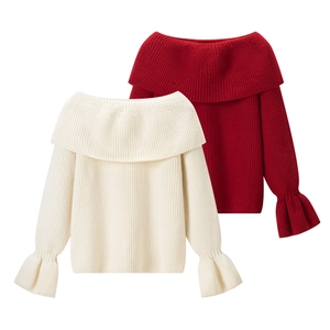 Maglia in maglia a spalle scoperte bianca e rossa con maniche a campana e trama a coste