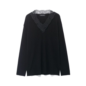Women black long sleeve knit sweater with lace V-neckline on white background