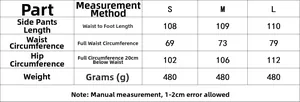 Detailed size chart for plaid ruffle set trousers showing length, waist and hip measurements