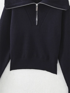Dettaglio del maglione in maglia a coste blu scuro con colletto a mezza zip argentata