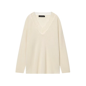 Women's cream white V-neck knit sweater featuring elegant lace trim and long sleeves