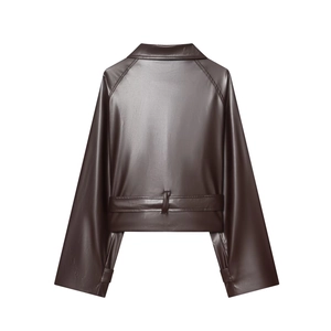 Rear view of chocolate brown faux leather jacket featuring waist belt loops and buckle cuffs