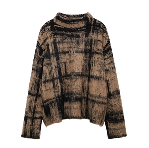 Loose brown and black plaid jacquard knit sweater with soft mohair texture