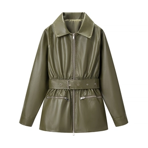 Olive green faux leather biker jacket with lapel collar and adjustable waist belt