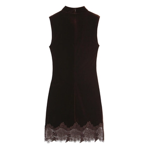 Elegant burgundy velvet mini dress with sleeveless cut and delicate lace trim on hemline