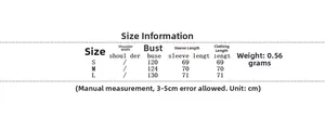 Detailed size chart for reversible padded jacket showing bust and length measurements in cm