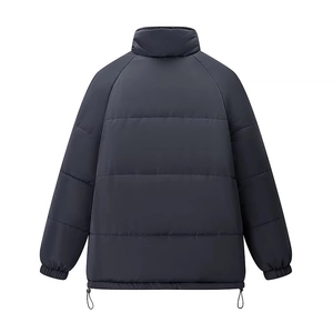 Detailed back view of navy blue quilted puffer jacket with adjustable drawstring hem