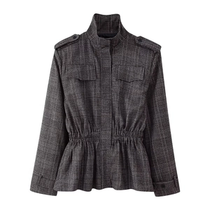 Detail of grey plaid jacket featuring epaulettes, stand collar and elastic waist design
