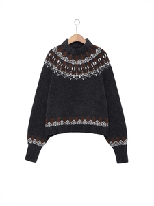 Women Fair Isle Knit Sweater Top Vintage Geometric Pattern Polyester Pullover Long Sleeve Casual Crew Neck Streetwear Top