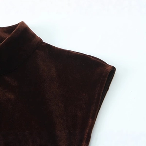 Women's autumn velvet mini dress with sleeveless lace拼接 and stand-up collar design