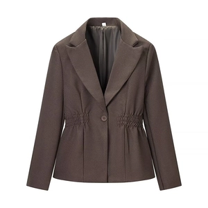 Women Deep V Neck Blazer Jacket Slim Fit Cinched Waist Gathered Long Sleeve Single Button Textured Solid Office Blazer