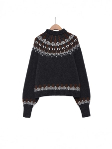 Loose dark grey pullover knit sweater with Nordic geometric patterns and high neckline