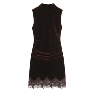 Sleeveless brown velvet mini dress with high neck, ruched waist and lace hem detailing