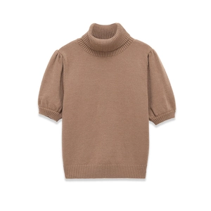 Women's brown high neck knit sweater with puff short sleeves and ribbed texture