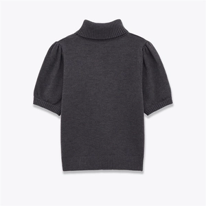 Women's dark gray turtleneck knit sweater with puff short sleeves and ribbed hem details