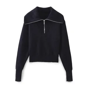Maglione da Donna Casual con Mezza Cerniera a Costine Manica Lunga Revers Navy Tinta Unita Chic Autunno Inverno