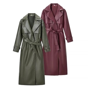 Women Fashion Faux PU Leather Trench Coat Extra Long Lapel Windproof Belted Jacket Autumn Winter Streetwear Overcoat