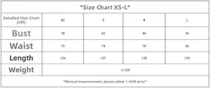 Detailed size chart for women's sleeveless satin dress showing XS to L measurements in CM