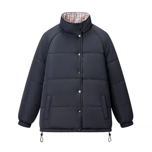 Women Reversible Quilted Padded Jacket Plaid Lining Stand Collar Warm Winter Coat With Snap Button Drawstring Hem Outerwear