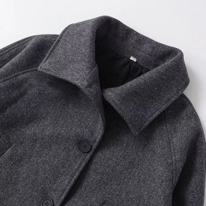Fashionable grey wool lapel short trench coat with classic black buttons for women