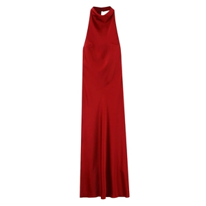 Detailed view of the dark red satin halter dress with silky texture and elegant drape