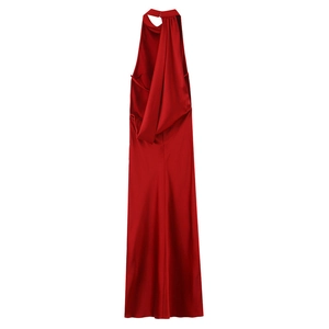 Detail of red satin backless dress featuring elegant draped pleats and a sleek cowl neck