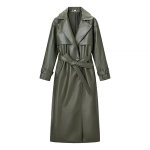 Detailed view of the olive green PU leather trench coat with waist belt and wide lapels