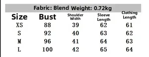Detailed size chart for faux suede leather blazer with measurements in cm for XS to L