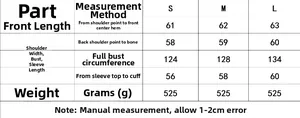Detailed size chart with measurements for women's street style hooded cotton padded jacket
