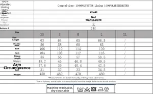 Size chart for khaki windbreaker jacket listing 100% polyester fabric details and measurements