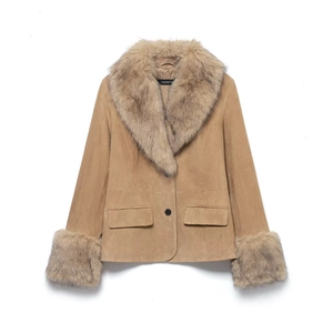 Women Faux Suede Jacket With Faux Fur Collar And Cuffs Slim Fit Khaki Winter Warm Lapel Outerwear Coat Streetwear Lady