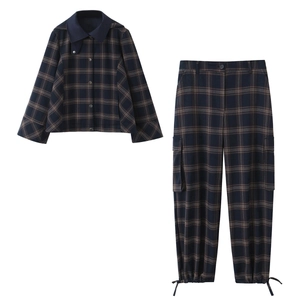 Women Plaid Hooded Jacket And Cargo Pants Casual Streetwear Polyester Long Sleeve Vintage Button Up Clothes